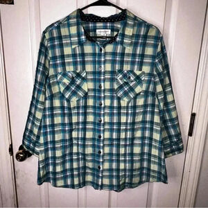 Christopher Banks Shirt Womens XL  Blue/Green Plaid Long Sleeve Button Up Casual